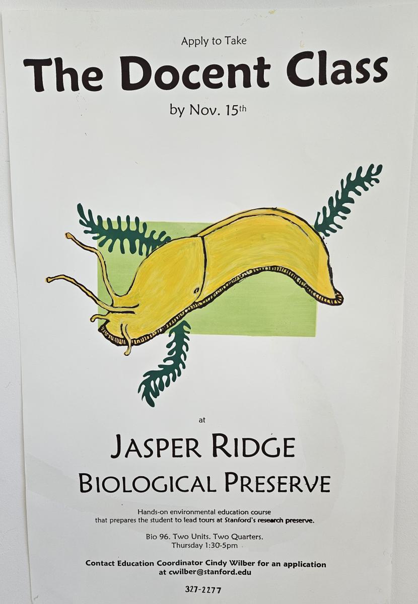 Vintage poster for the docent class showing a hand-printed banana slug