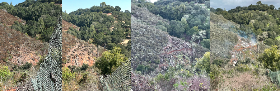 Four images to illustrate (from left to right): 1) cut chaparral vegetation, 2) construction of  piles in fall 2023, 3) scratch lines added in spring 2024, and 4) piles burned to create a 100ft fuel break along the JR'O'O fence line.