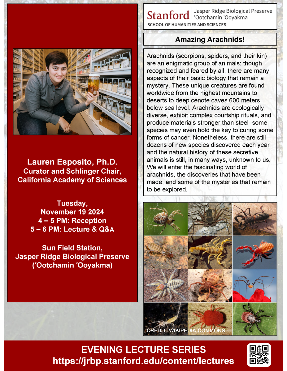 Lauren Esposito, Ph.D., Assistant Curator and Schlinger Chair of Arachnology, California Academy of Sciences. Tuesday, November 19, 2024 4-5 PM Reception 5-6 PM Lecture & Q&A Sun Field Station, JRBP('O'O)