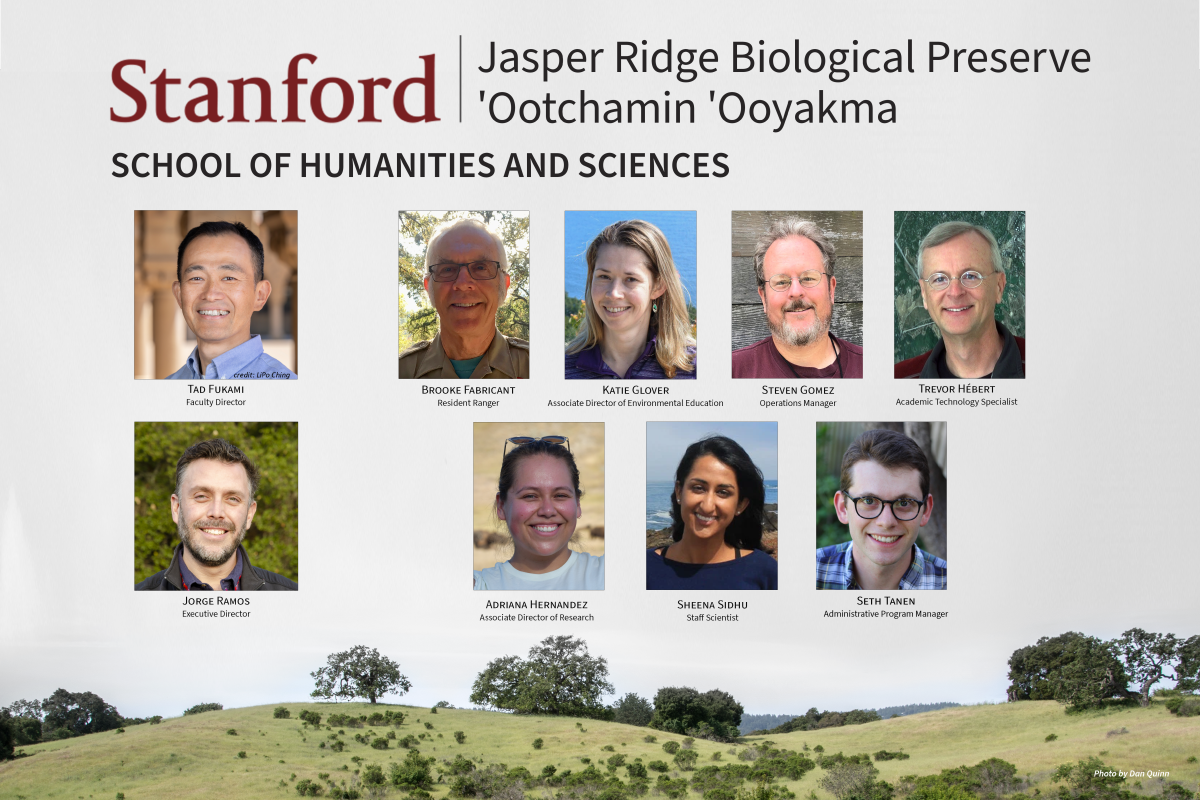 Jasper Ridge staff poster with Tad Fukami | webpage Faculty Director Jorge Ramos  | Profile webpage Executive Director Adriana Hernandez Associate Director for Research Brooke Fabricant Resident Ranger Katherine Glover Associate Director of Environmental Education Steven Gomez Operations Manager Trevor Hebert Academic Technology Specialist Sheena Sidhu Staff Scientist Seth Tanen Administrative Program Manager