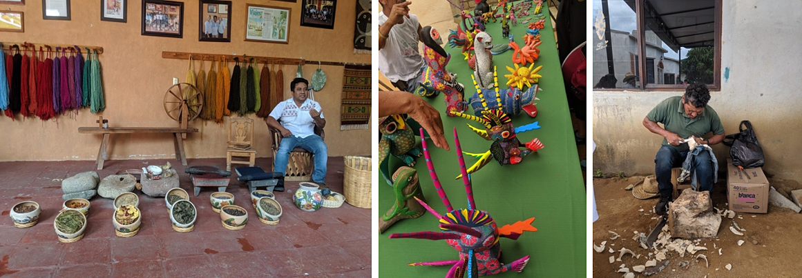 A demonstration on natural dying by a world renowned zapotec artist and  Alebrijes on display & being carved in a demonstration.