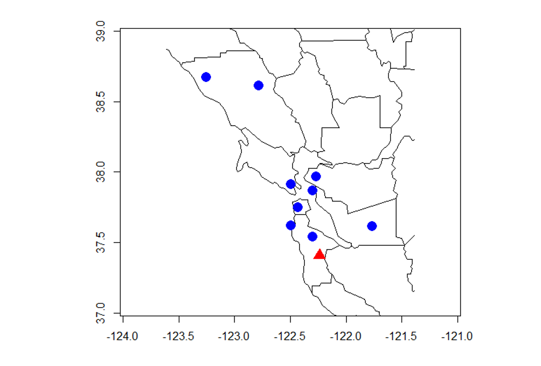 Figure 4. An enhanced map of the sightings of the mosquito species Culex tarsalis (blue dot) in the respective Bay Area counties with Jasper Ridge (red triangle) as a geographic reference. 