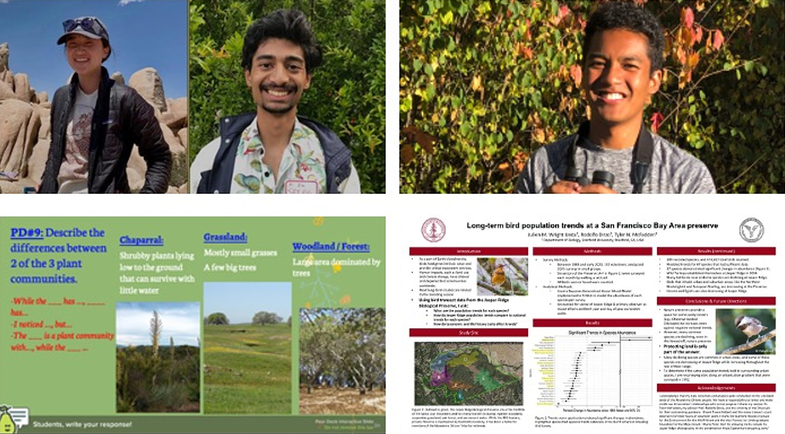 Figure 2. On the left, Sydney Schmitter and Sriram Narasimhan, recipients of the Jasper Ridge Environmental Education Scholar Award and below, an example of their educational material shared with the REAL program. On the right, Julien Ueda above his research poster presented during the 2021 ESA annual meeting.