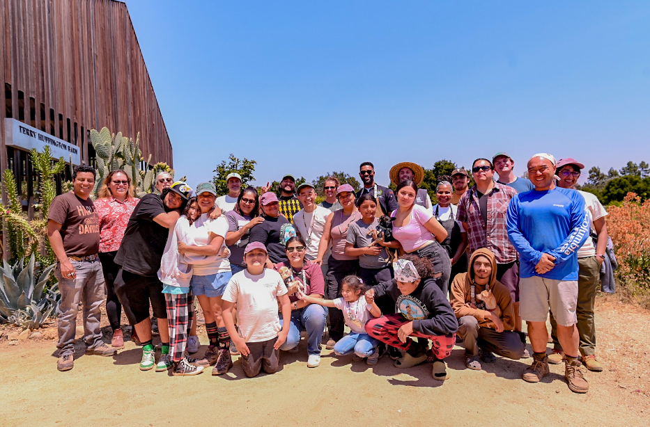 Tribal members, Stanford student volunteers, and JRBP('O'O), Educational Farm, and other staff and faculty gather at the closing of the campout. Photo by Marina Luccioni.