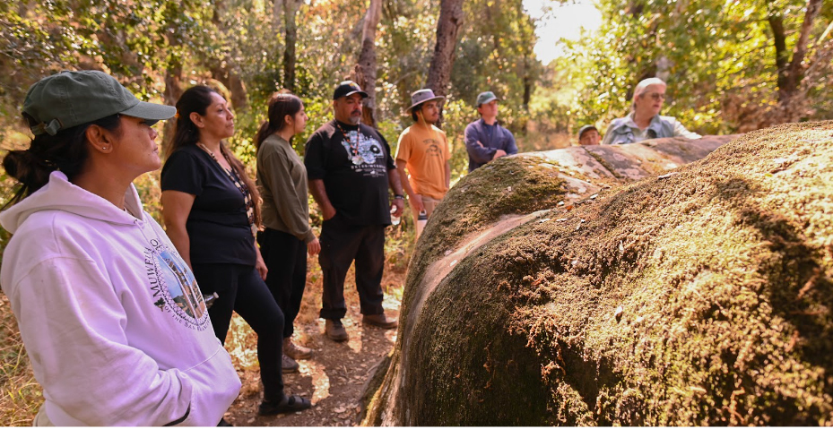 Chairwoman Nijmeh (far left), other tribal members, and Stanford students visit a grinding rock and other cultural sites with Laura Jones (far right). Photo by Marina Luccioni.