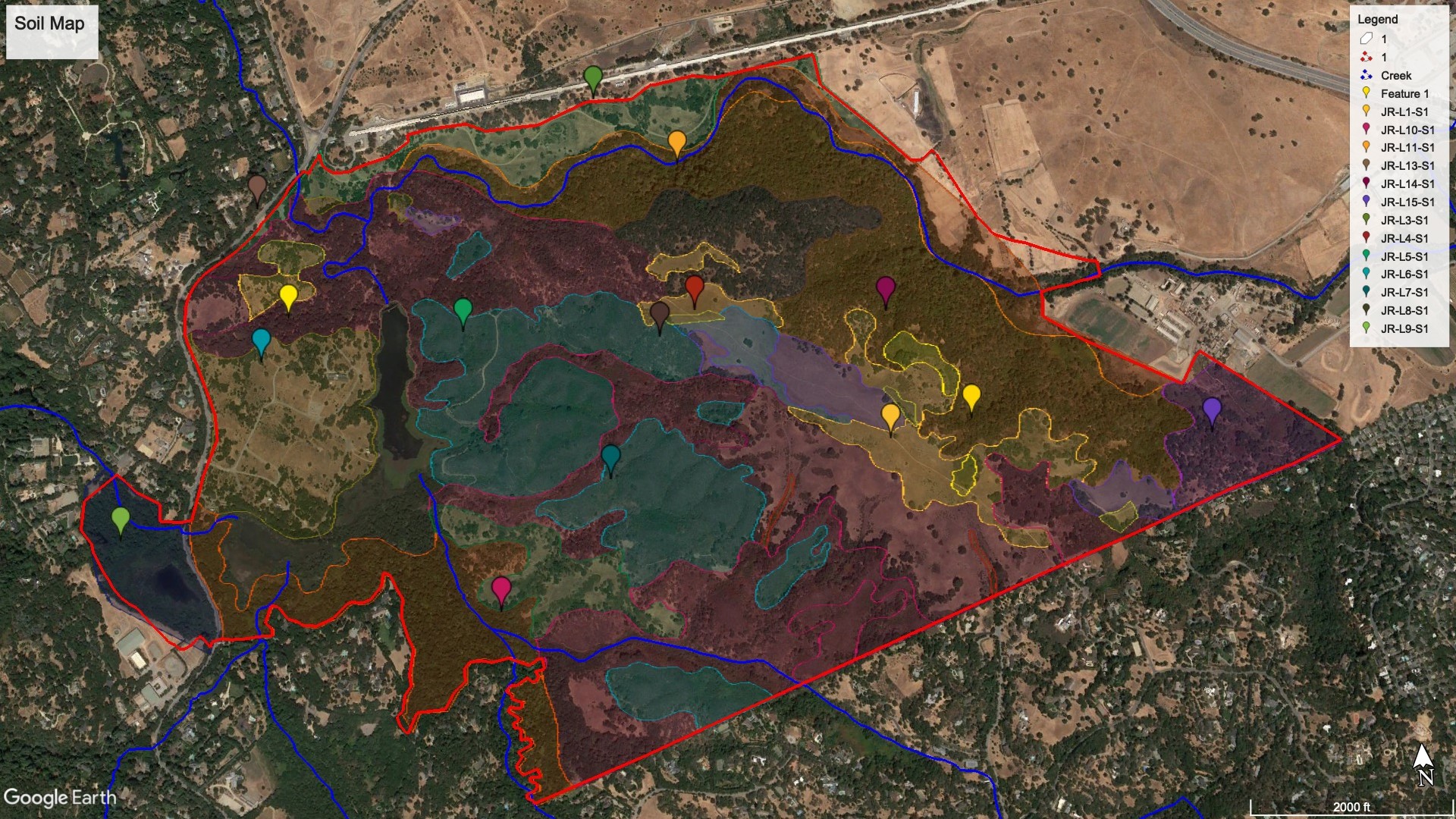 Soil map of Jasper Ridge showing earthworm sampling locations.