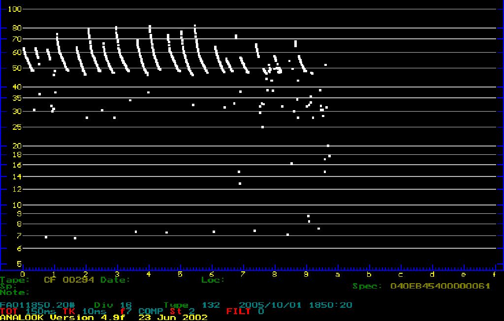 A graph of a series of bat calls (frequency vs time); on this graph, time is compressed between consecutive calls.