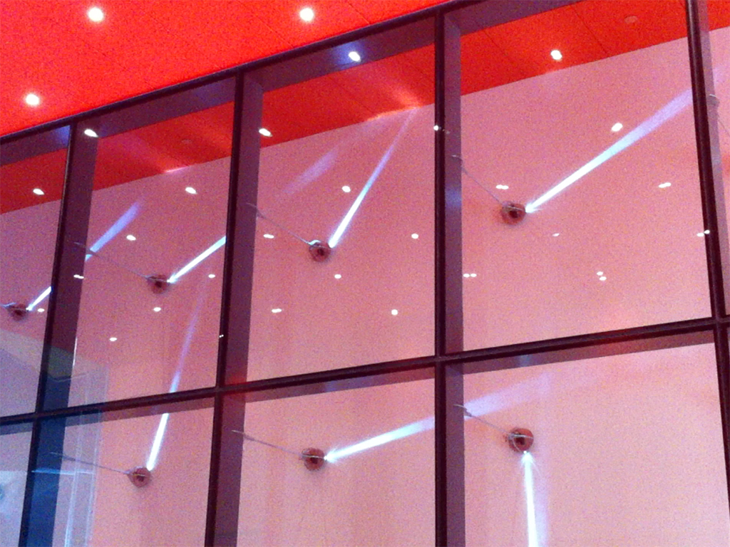 Light beams projecting wind sensor readings at Moghadam Family Gallery Arcade on Stanford campus