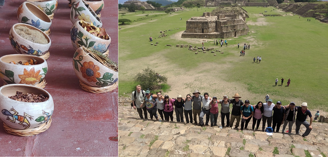 Bowls holding various plants, fruits, and nuts, that will be used to make natural dyes in a textile workshop in Teotitlán. Group picture visiting and learning the cultural perspective of the Zapotec culture while visiting Monte Albán 