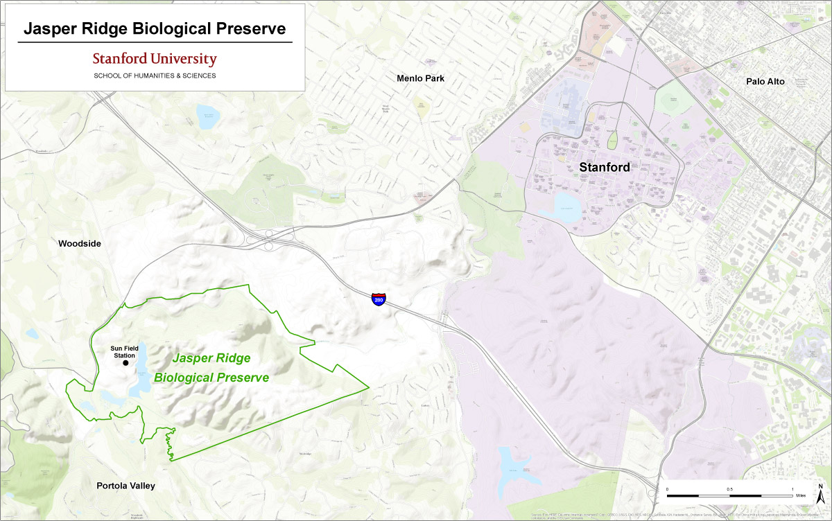 Location of Jasper Ridge Biological Preserve relative to main Stanford campus