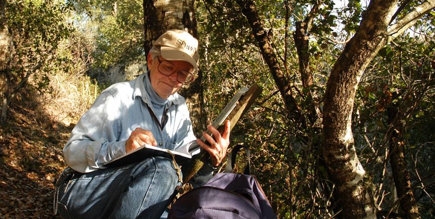 Irene Brown reads a max/min thermometer in one of her Chalcedona study sites.