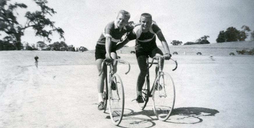 1957 Nick Van Male and Peter Rich at Jasper Ridge bike bowl