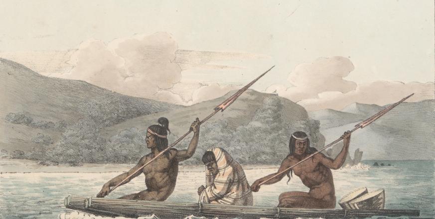 Native people in a reed boat